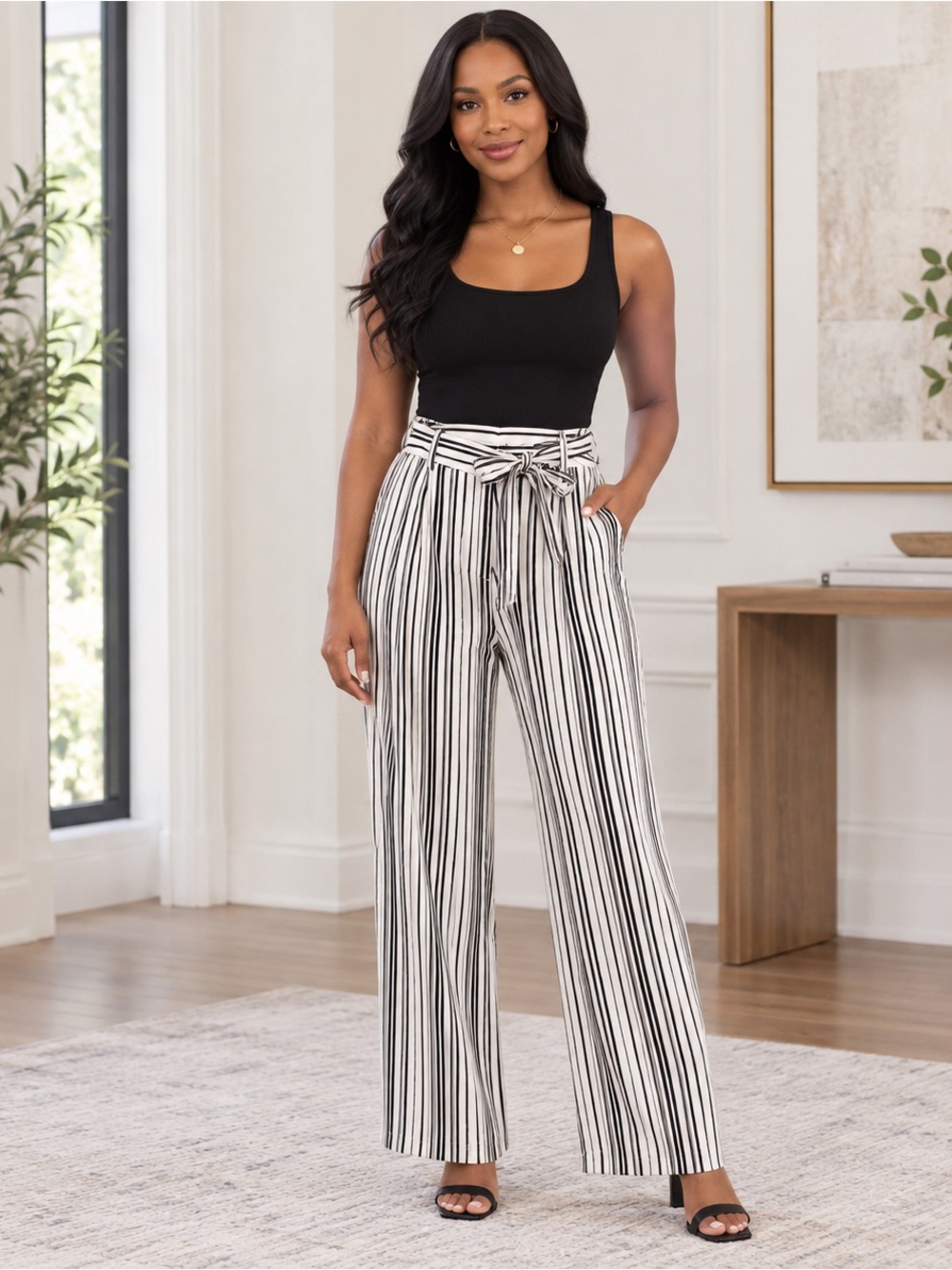 Carolina Belle Black White Striped Wide Leg Tie Waist Pants Size 6 High Rise